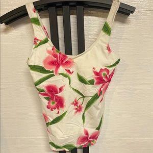pink orchid flower leaves padded zipper CHEROKEE swim suit top TANKINI white